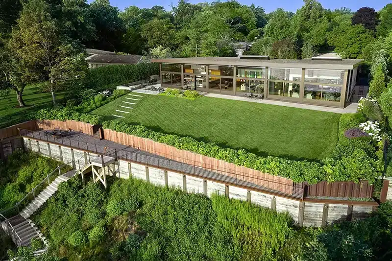 An aerial view of the Bluff House project