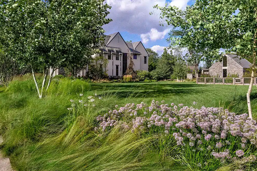 A lawn with grass and flowers in front of a house.