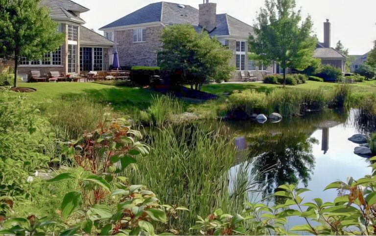 A serene suburban pond surrounded by lush greenery, with a large, modern stone house in the background on a sunny day.