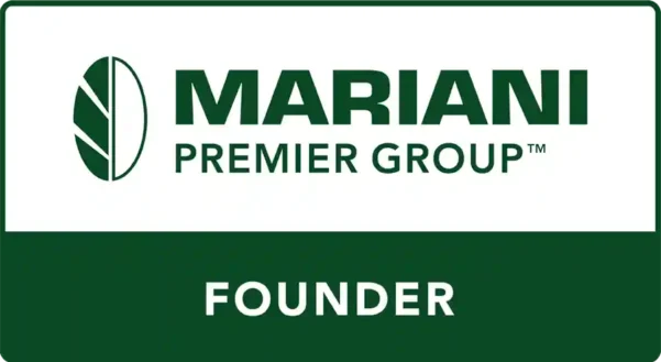 Green and white sign with a leaf logo, text reads "Mariani Premier Group Founder.