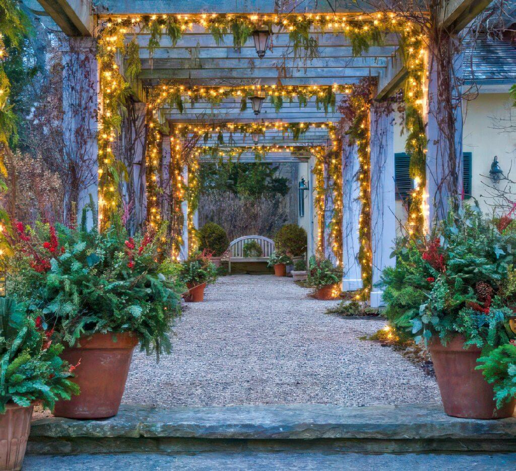 Pergola walkway decorated with string lights and greenery, leading to a white bench, with large potted plants on either side of a gravel path—showcasing the results of a collaborative design process.