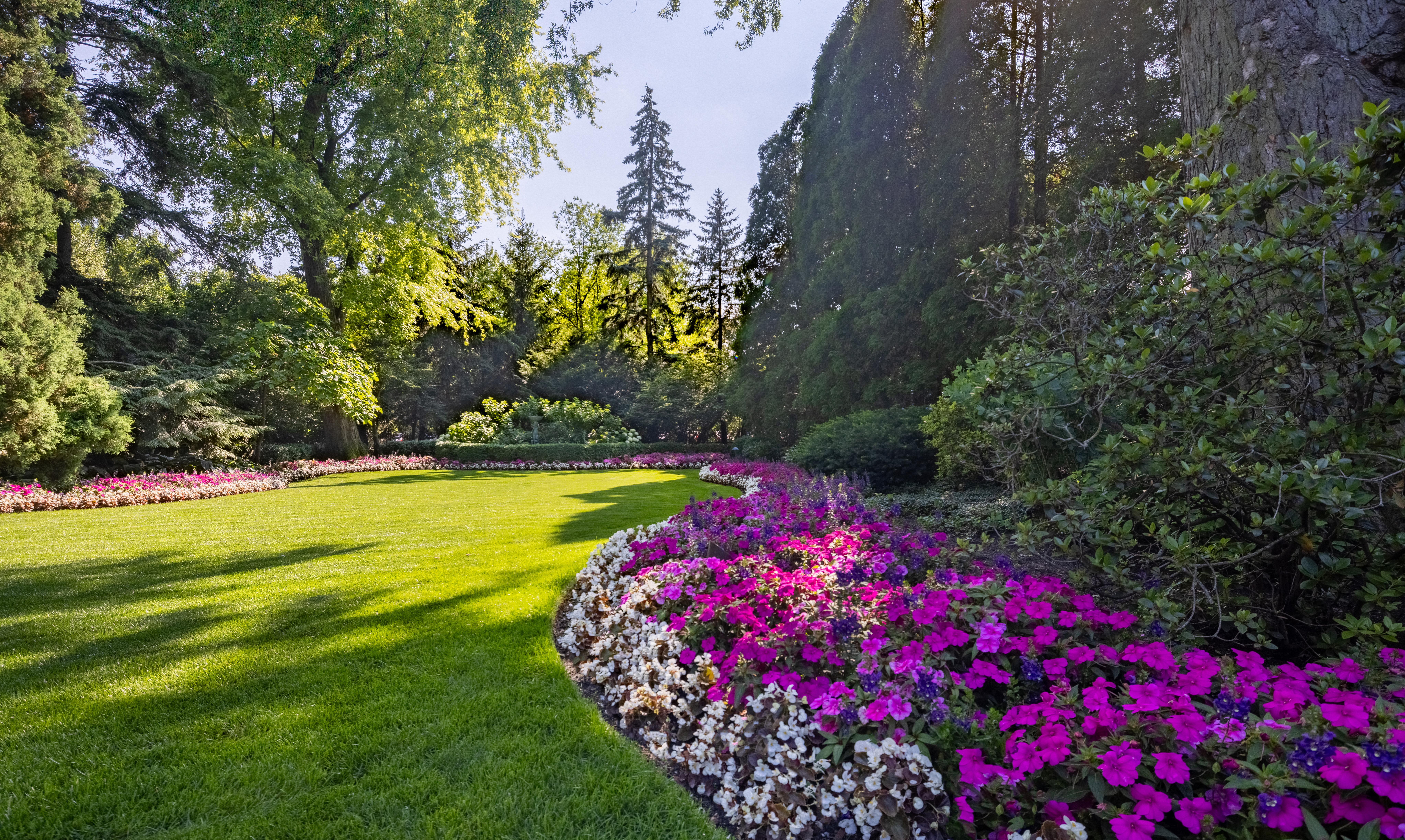 Manicured estate lawn with curved flower beds and mature trees in dappled sunlight