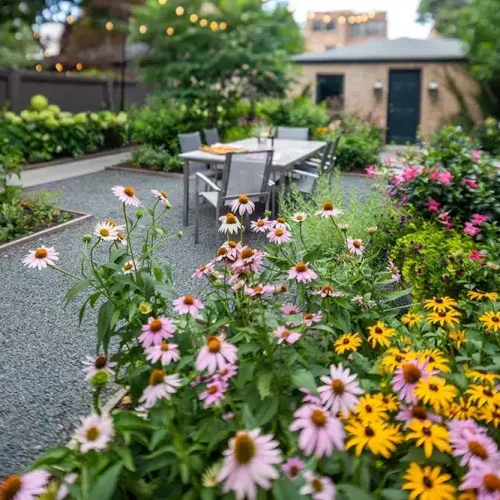 Four Seasons 2 A garden with colorful flowers and a table.