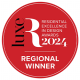 Red circular badge with text: "luxe Residential Excellence in Design Awards 2024, Regional Winner.